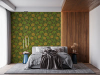 Danube Retro Vintage Floral Zinnia Cow Parsley in Yellow Moss Green Wallpaper⁠