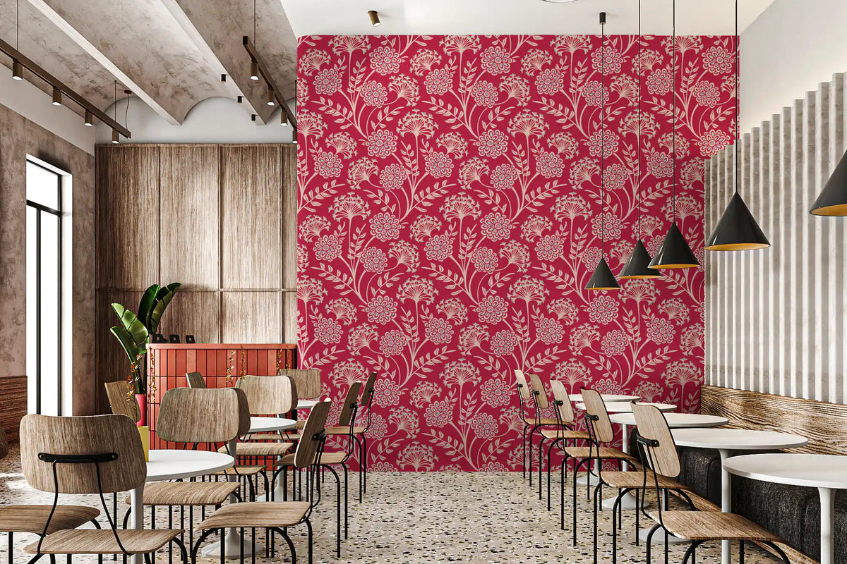 Danube Retro Vintage Floral Zinnia Cow Parsley in Viva Magenta Red Wallpaper⁠
