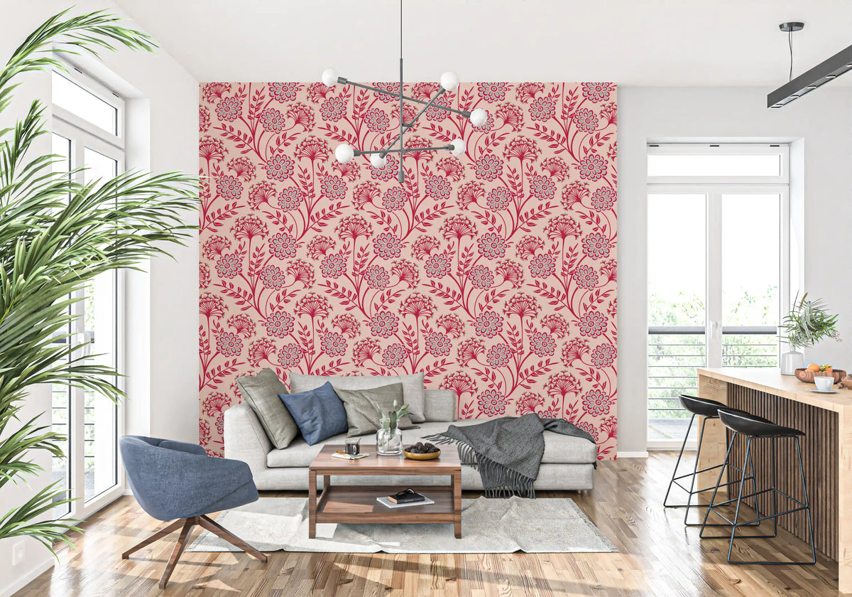 Danube Retro Vintage Floral Zinnia Cow Parsley in Viva Magenta Red Warm Sand  Wallpaper⁠