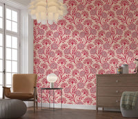 Danube Retro Vintage Floral Zinnia Cow Parsley in Viva Magenta Red Warm Sand  Wallpaper⁠