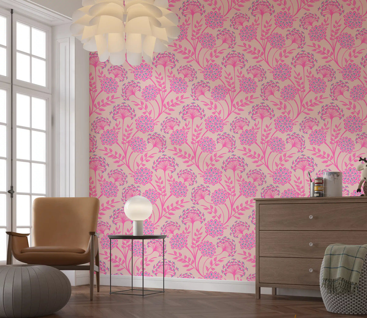 Danube Retro Vintage Floral Zinnia Cow Parsley in Pretty In Pink Wallpaper⁠