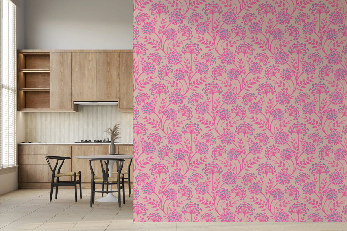 Danube Retro Vintage Floral Zinnia Cow Parsley in Pretty In Pink Wallpaper⁠