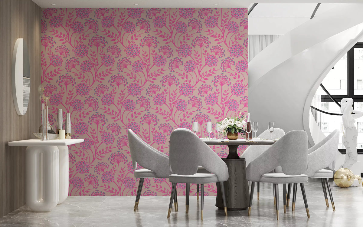 Danube Retro Vintage Floral Zinnia Cow Parsley in Pretty In Pink Wallpaper⁠