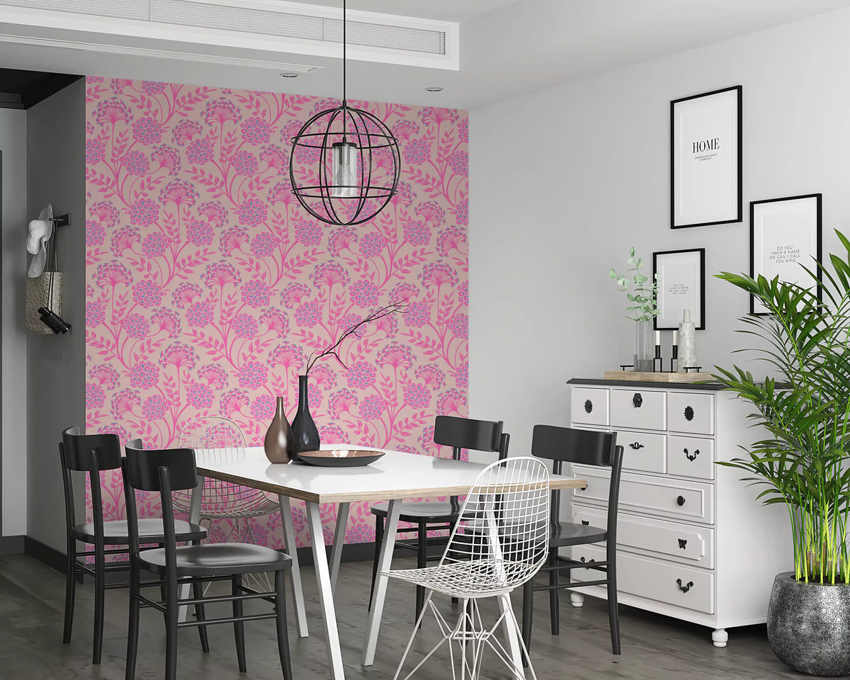 Danube Retro Vintage Floral Zinnia Cow Parsley in Pretty In Pink Wallpaper⁠