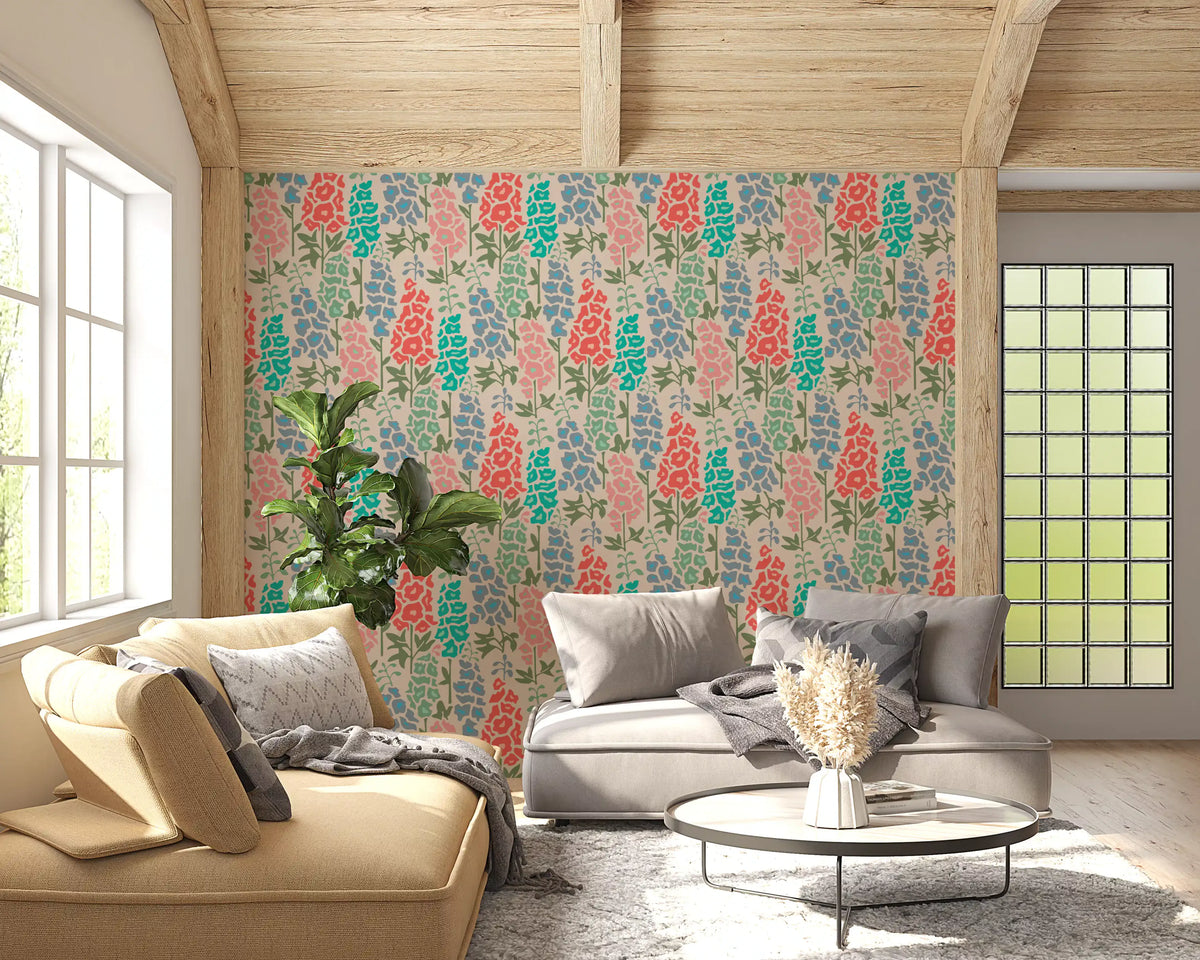 Delphinium Garden Retro Summer Floral Brights Wallpaper⁠