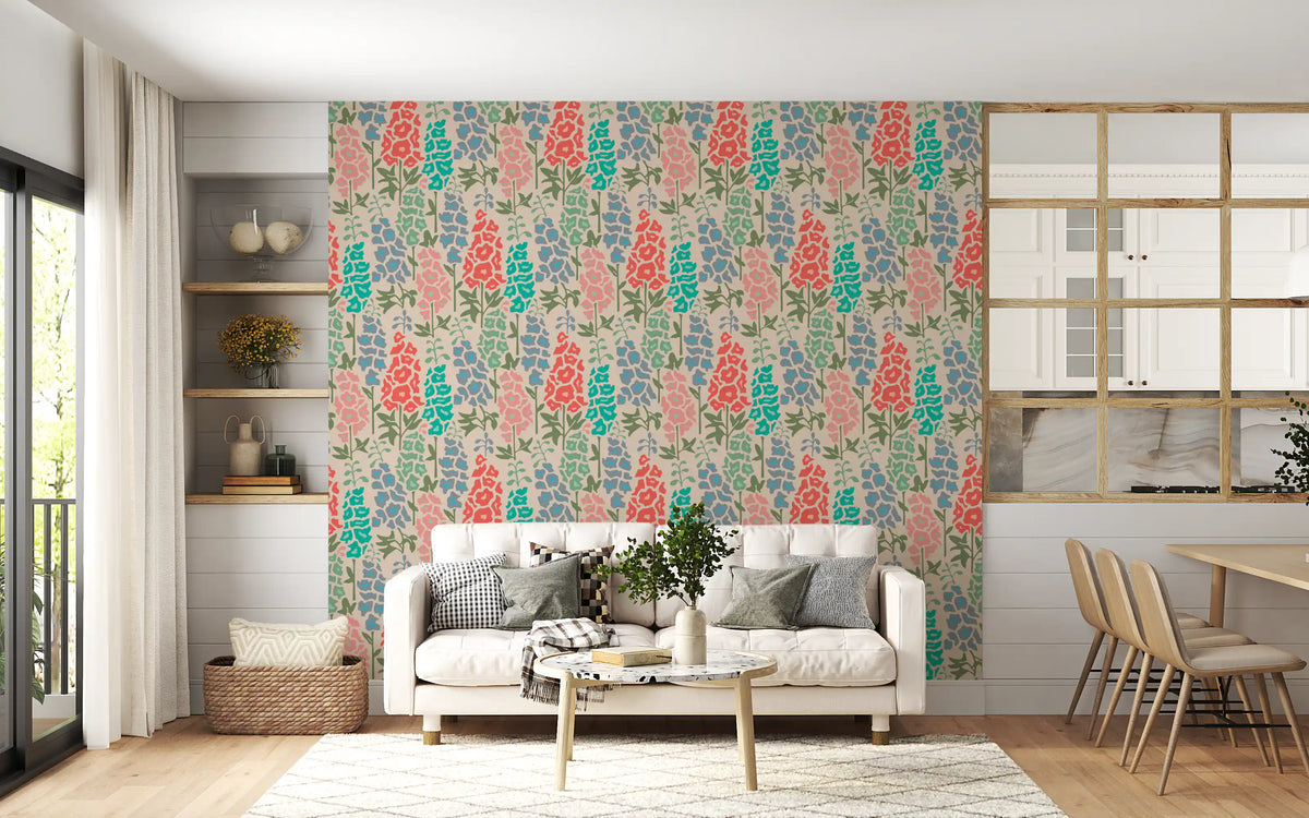 Delphinium Garden Retro Summer Floral Brights Wallpaper⁠