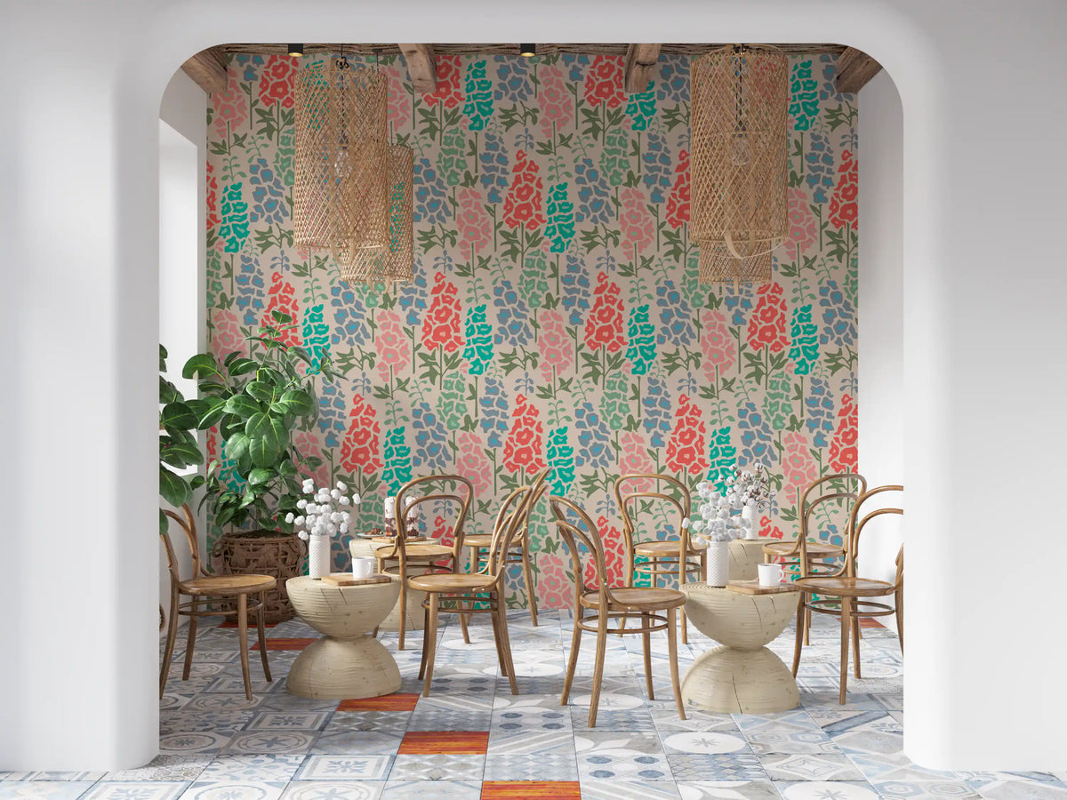 Delphinium Garden Retro Summer Floral Brights Wallpaper⁠