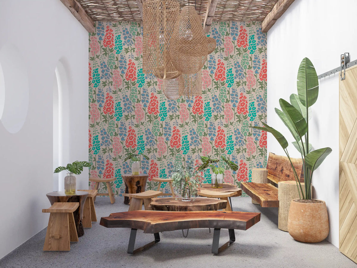 Delphinium Garden Retro Summer Floral Brights Wallpaper⁠