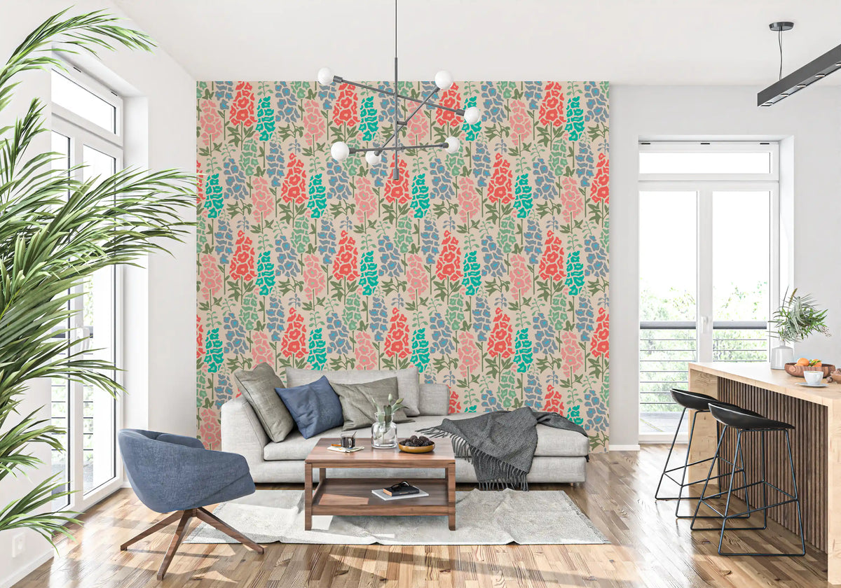 Delphinium Garden Retro Summer Floral Brights Wallpaper⁠