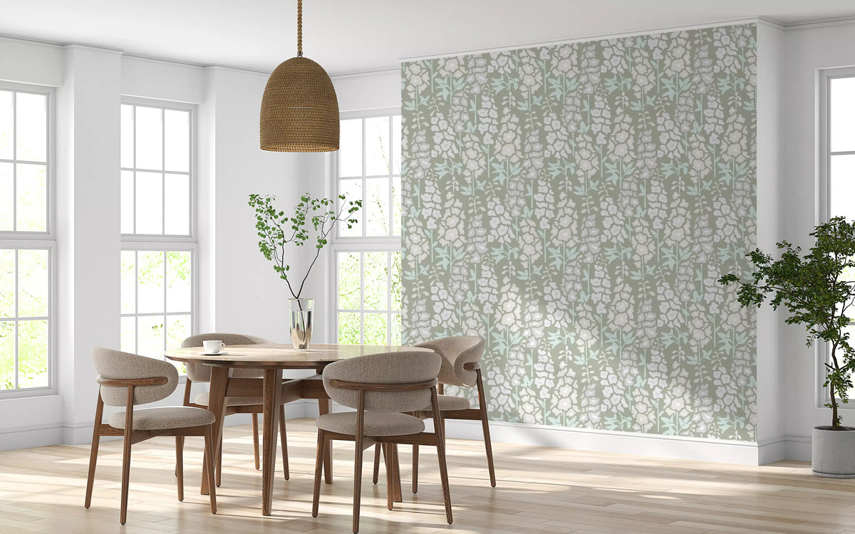 Delphinium Garden Retro Summer Floral White Gray Wallpaper⁠