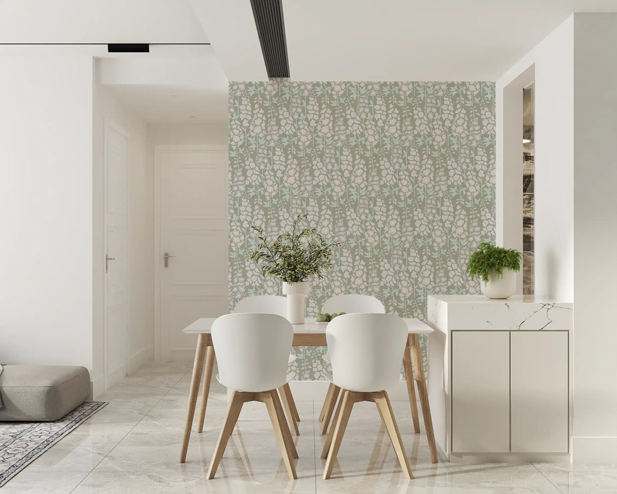 Delphinium Garden Retro Summer Floral White Gray Wallpaper⁠