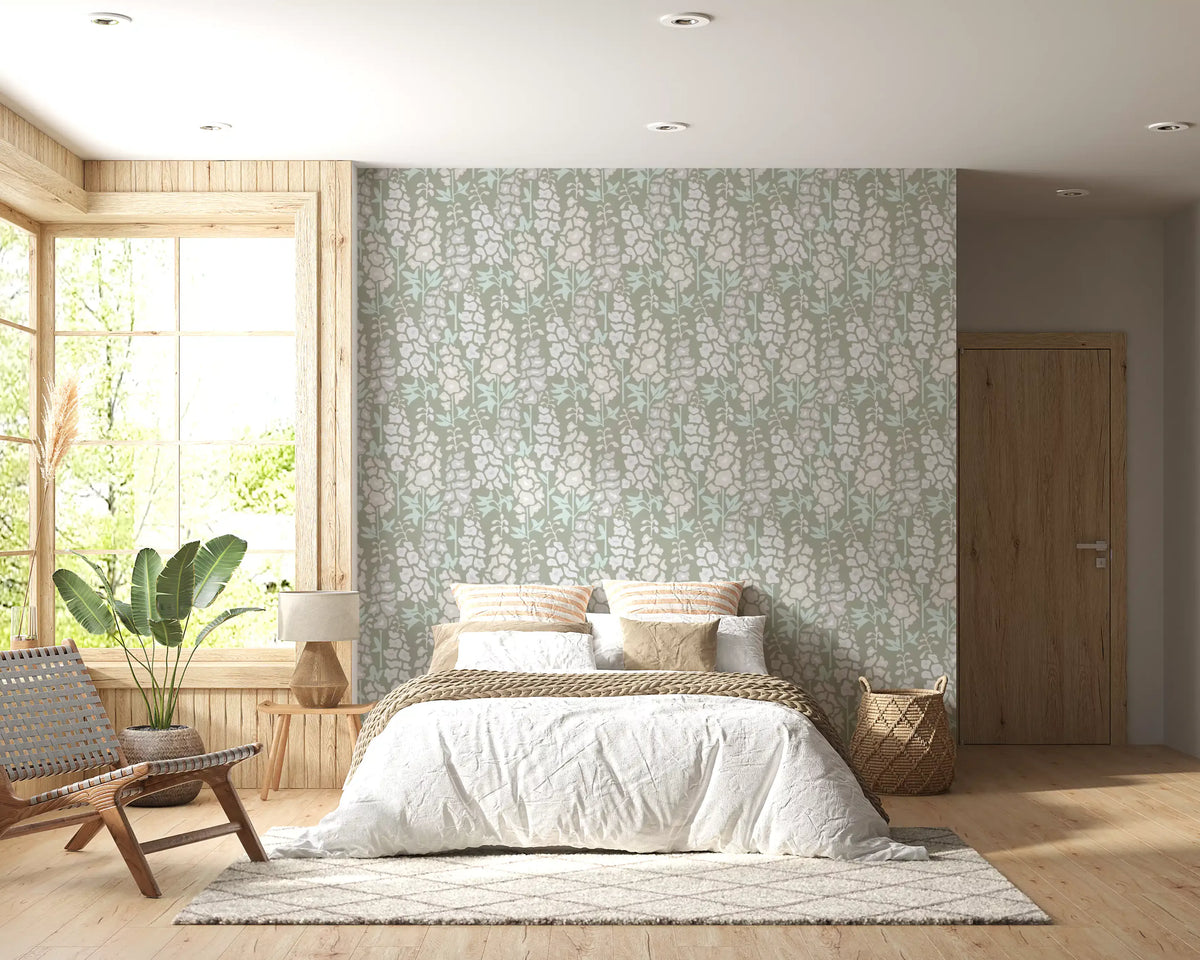 Delphinium Garden Retro Summer Floral White Gray Wallpaper⁠