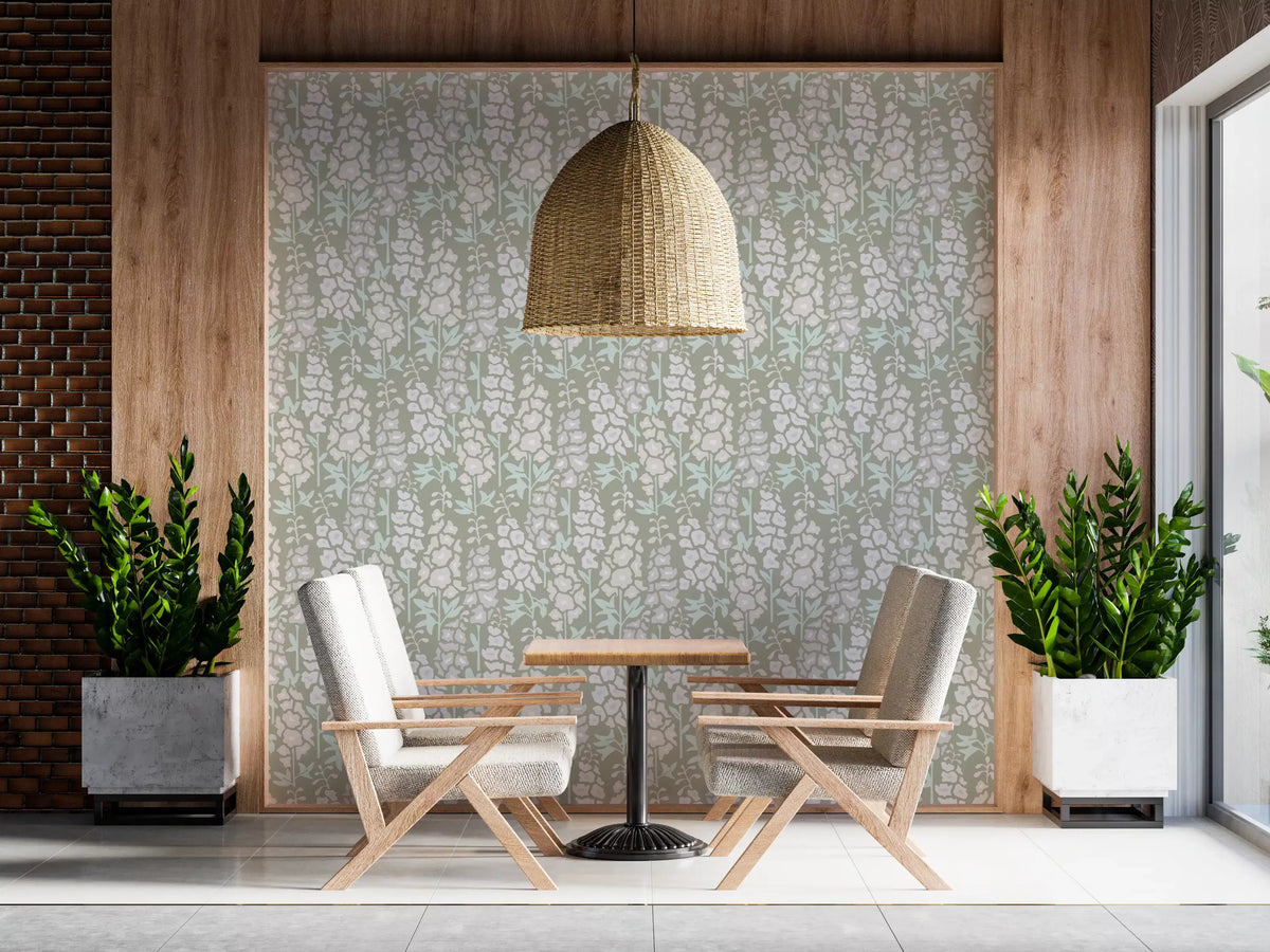Delphinium Garden Retro Summer Floral White Gray Wallpaper⁠