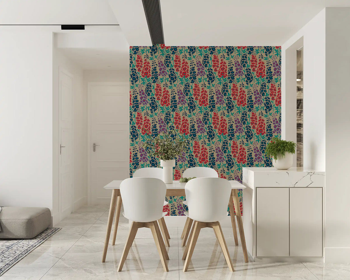 Delphinium Garden Retro Summer Floral Navy Blue Red Purple Wallpaper⁠