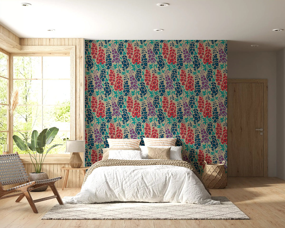 Delphinium Garden Retro Summer Floral Navy Blue Red Purple Wallpaper⁠