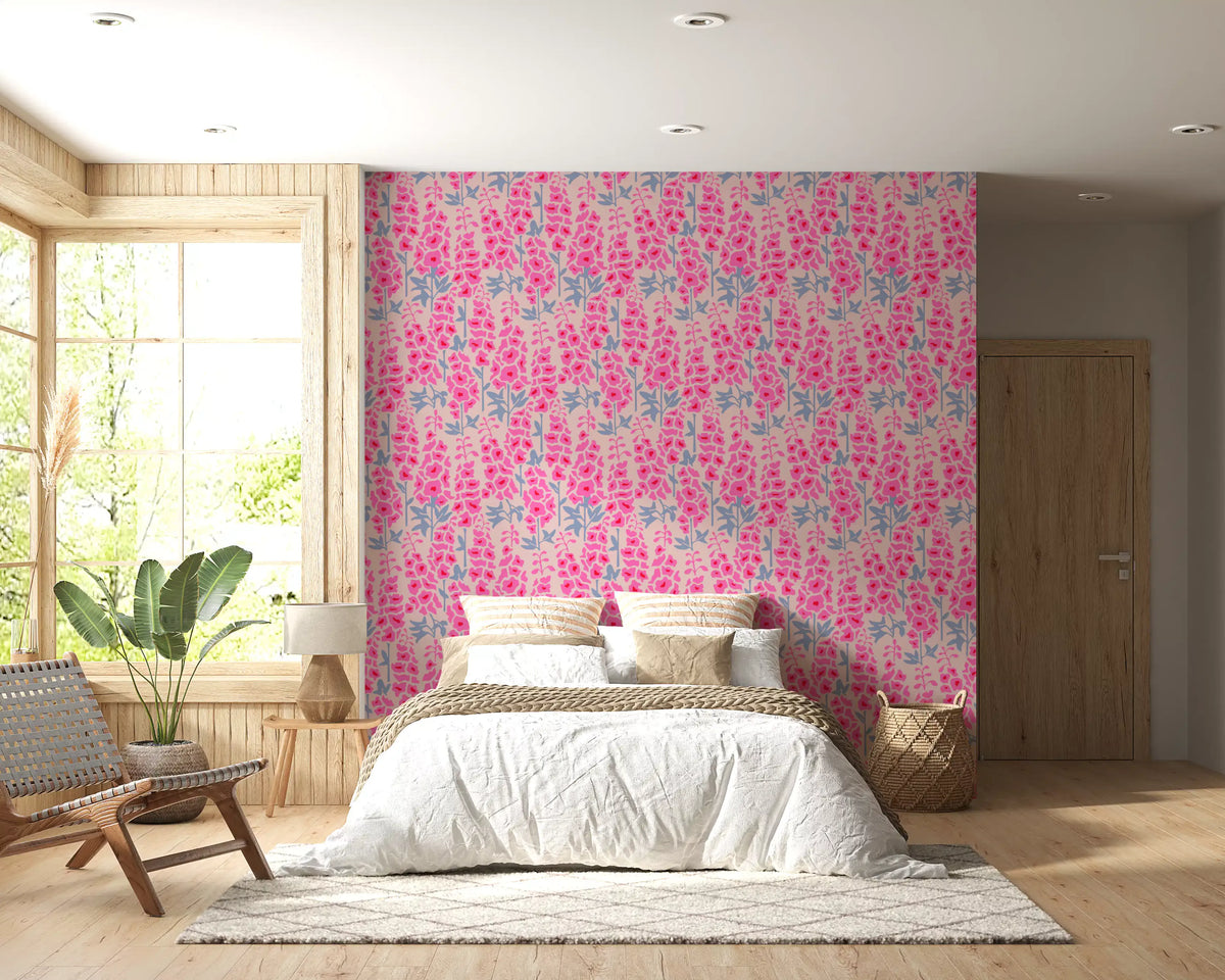 Delphinium Garden Retro Summer Floral Pretty Pink Wallpaper⁠