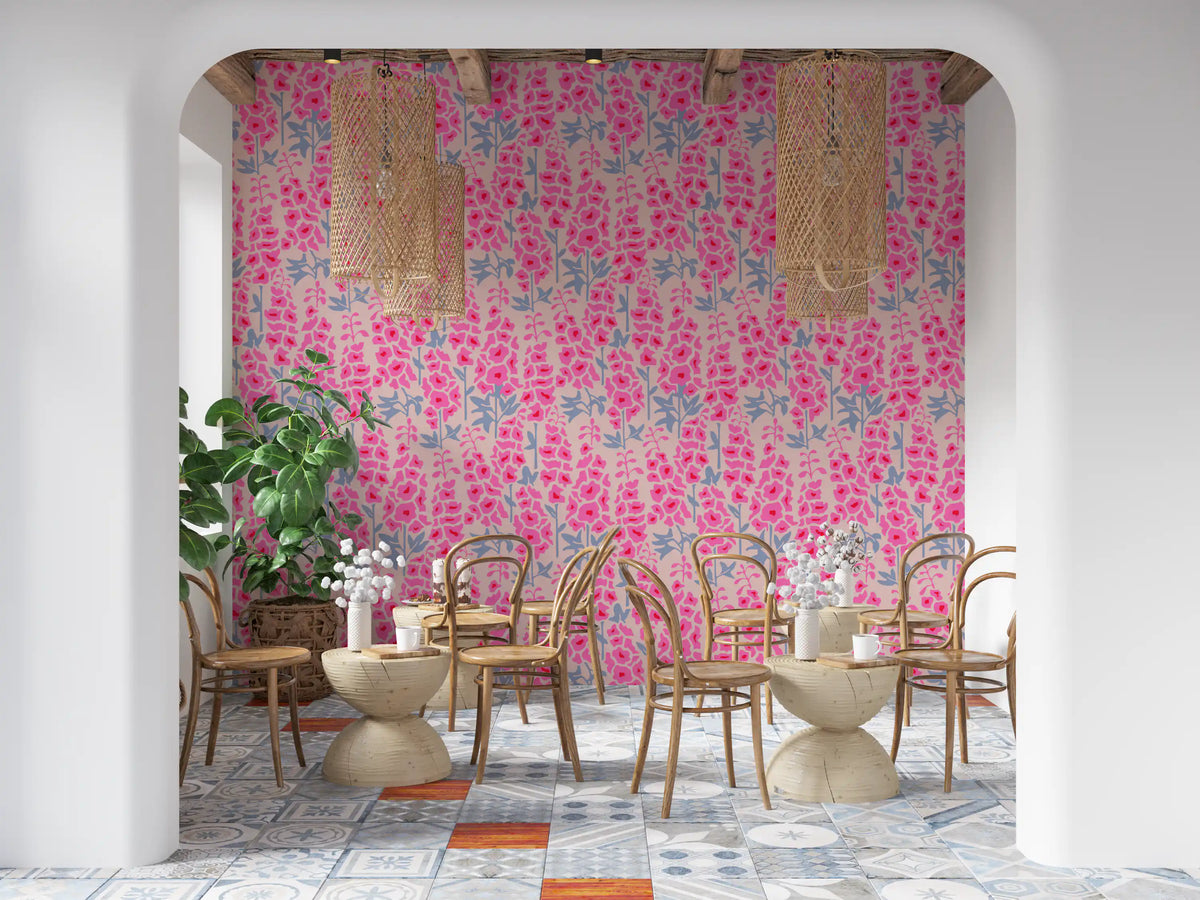 Delphinium Garden Retro Summer Floral Pretty Pink Wallpaper⁠