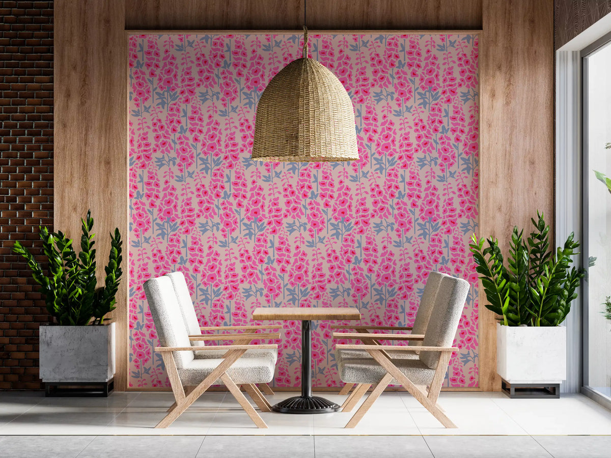 Delphinium Garden Retro Summer Floral Pretty Pink Wallpaper⁠