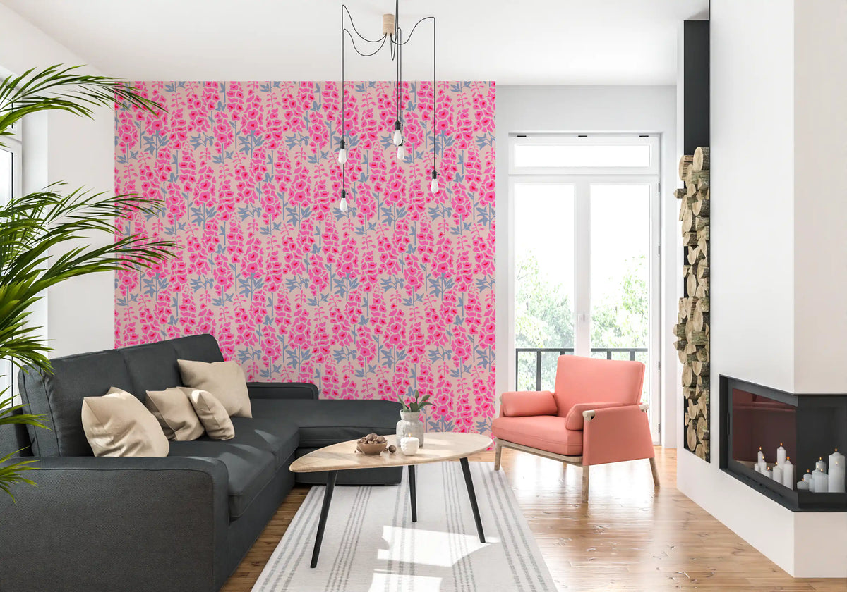 Delphinium Garden Retro Summer Floral Pretty Pink Wallpaper⁠