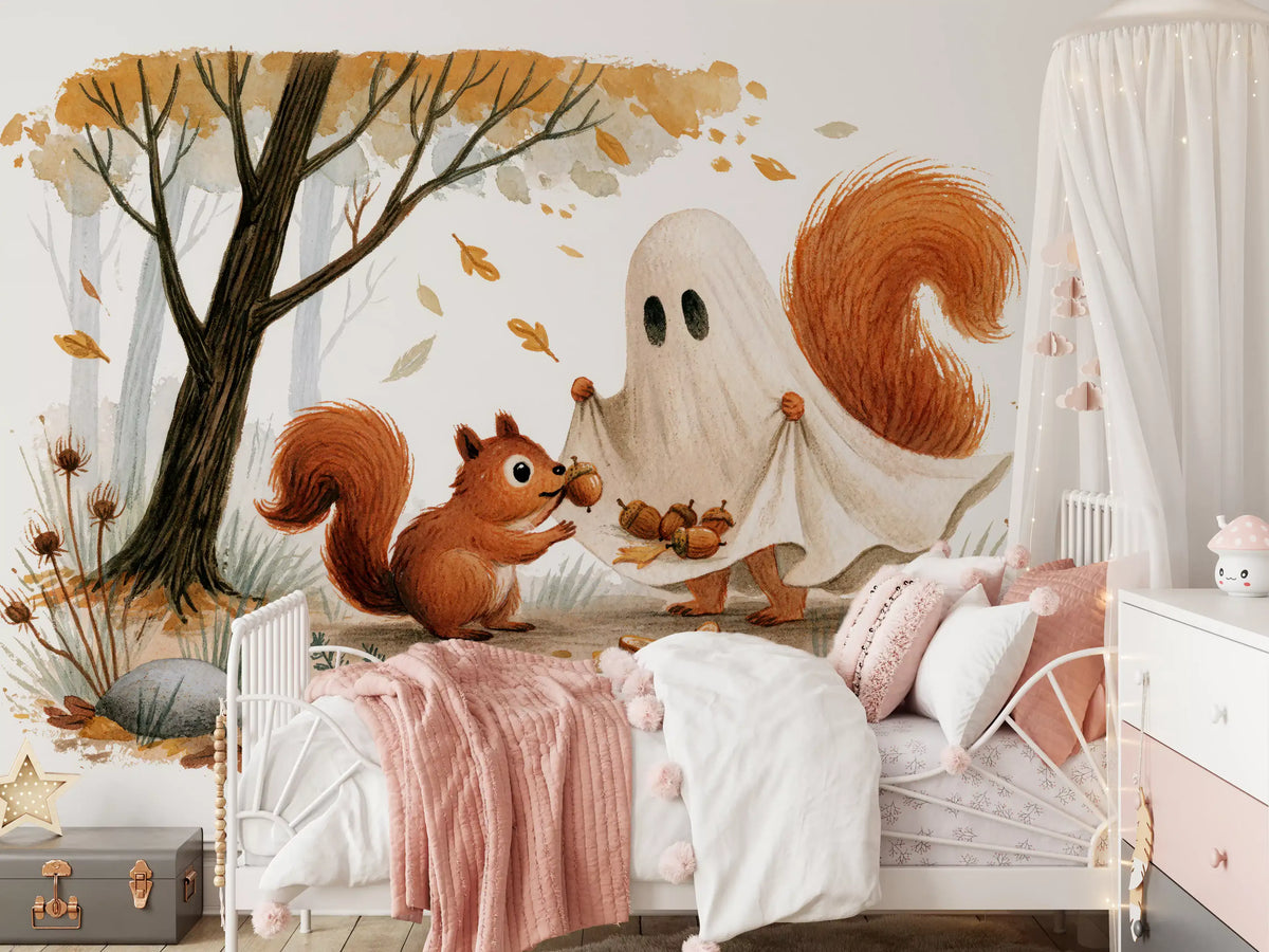 Little Ghost and Squirrel Share Autumn Acorns Wall Mural