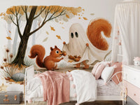 Little Ghost and Squirrel Share Autumn Acorns Wall Mural