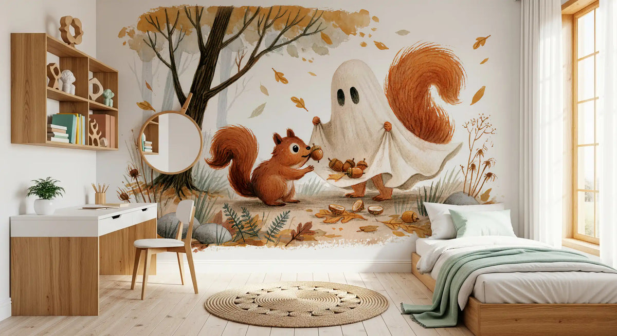 Little Ghost and Squirrel Share Autumn Acorns Wall Mural