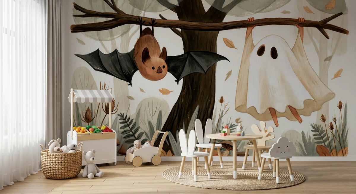 Little Ghost and Bat in Scandinavian Woodland Wall Mural