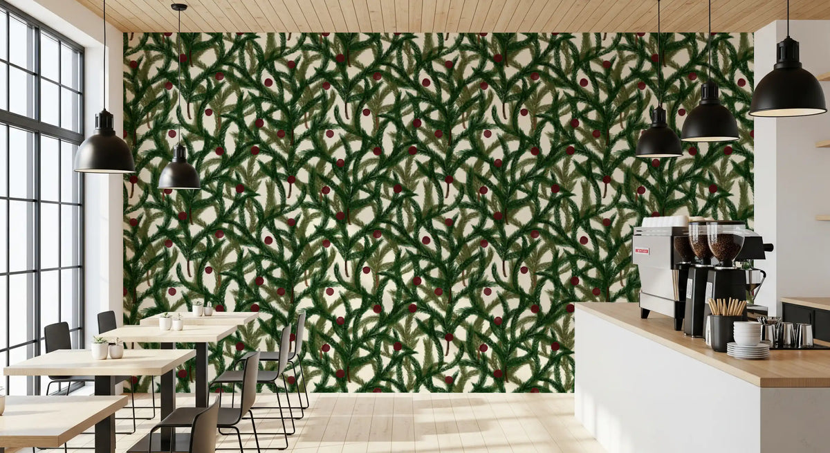 Dense Christmas Evergreen Pine Branch Winter Forest Pattern Wallpaper⁠