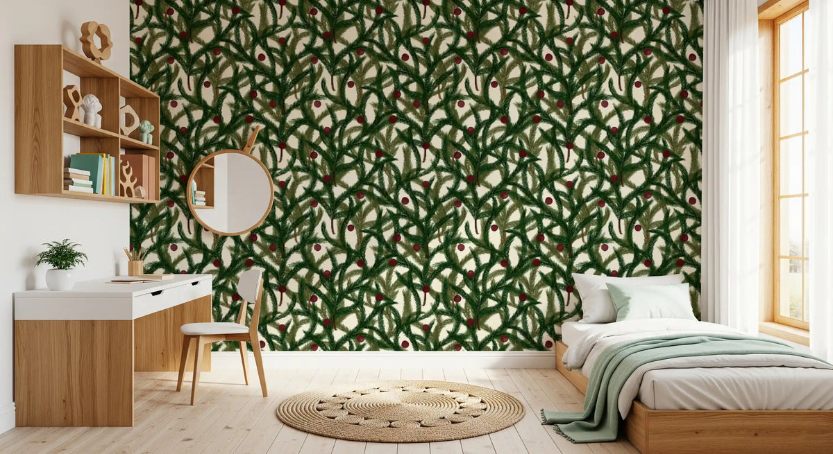 Dense Christmas Evergreen Pine Branch Winter Forest Pattern Wallpaper⁠
