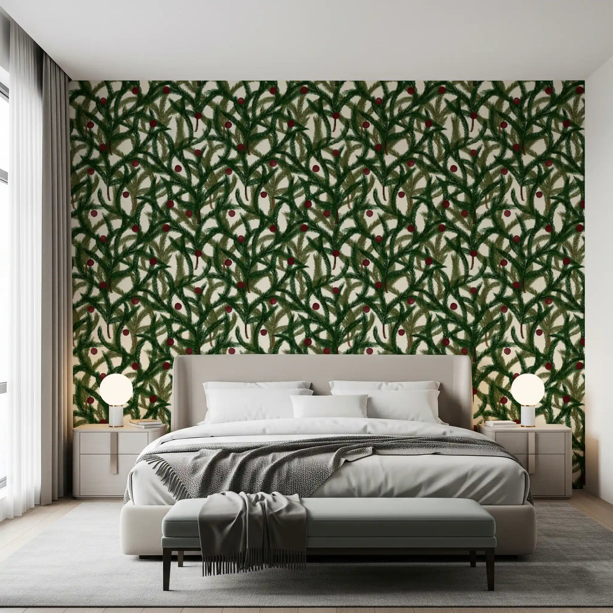 Dense Christmas Evergreen Pine Branch Winter Forest Pattern Wallpaper⁠