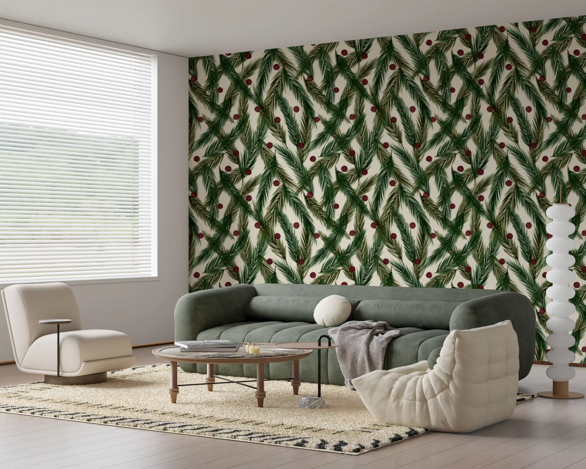 Watercolor Christmas Pine Needles and Red Berries Holiday Pattern Wallpaper⁠