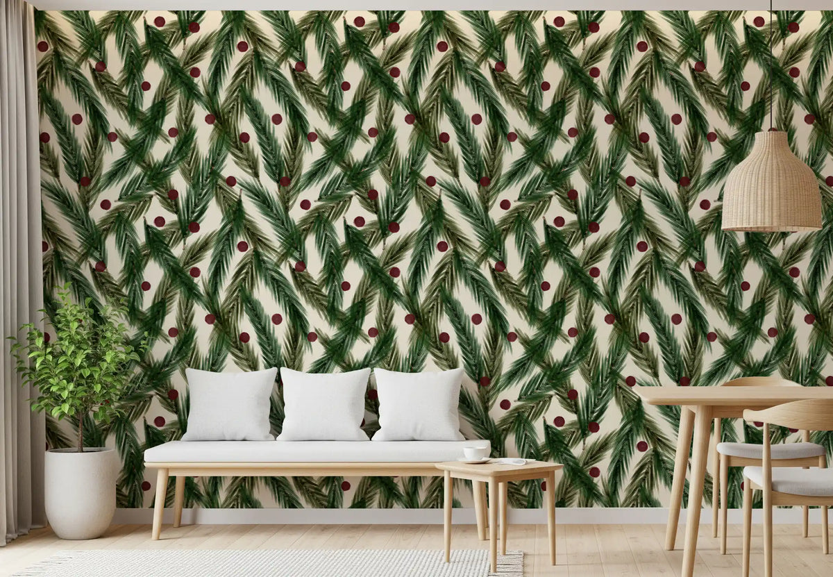 Watercolor Christmas Pine Needles and Red Berries Holiday Pattern Wallpaper⁠
