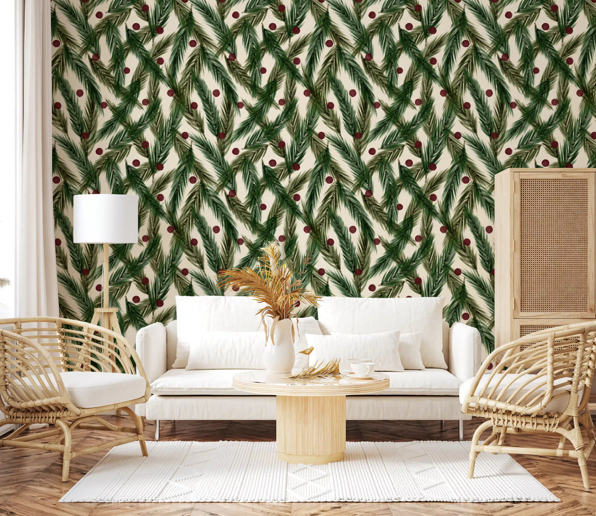 Watercolor Christmas Pine Needles and Red Berries Holiday Pattern Wallpaper⁠