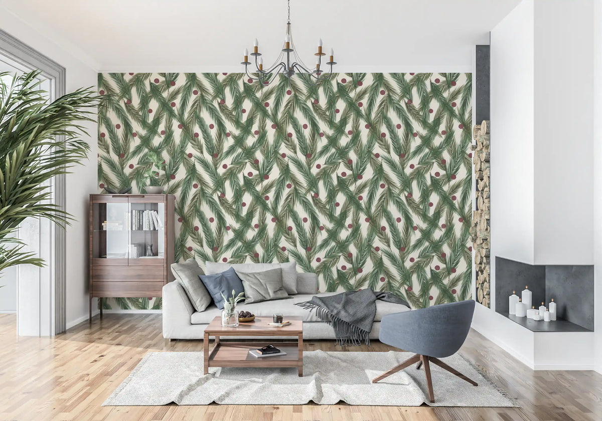 Watercolor Christmas Pine Needles and Red Berries Holiday Pattern Wallpaper⁠