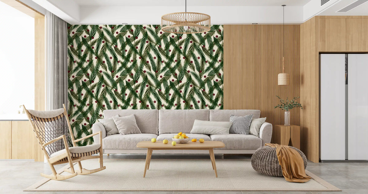 Watercolor Christmas Pine Needles and Red Berries Holiday Pattern Wallpaper⁠