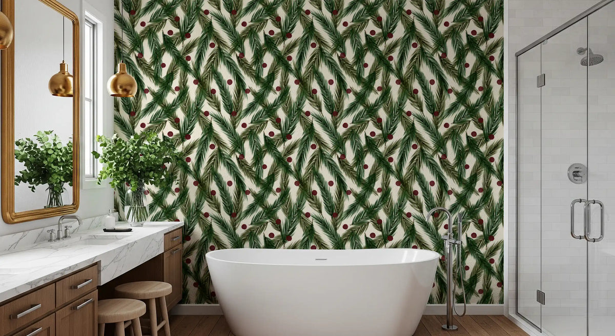 Watercolor Christmas Pine Needles and Red Berries Holiday Pattern Wallpaper⁠
