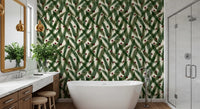 Watercolor Christmas Pine Needles and Red Berries Holiday Pattern Wallpaper⁠