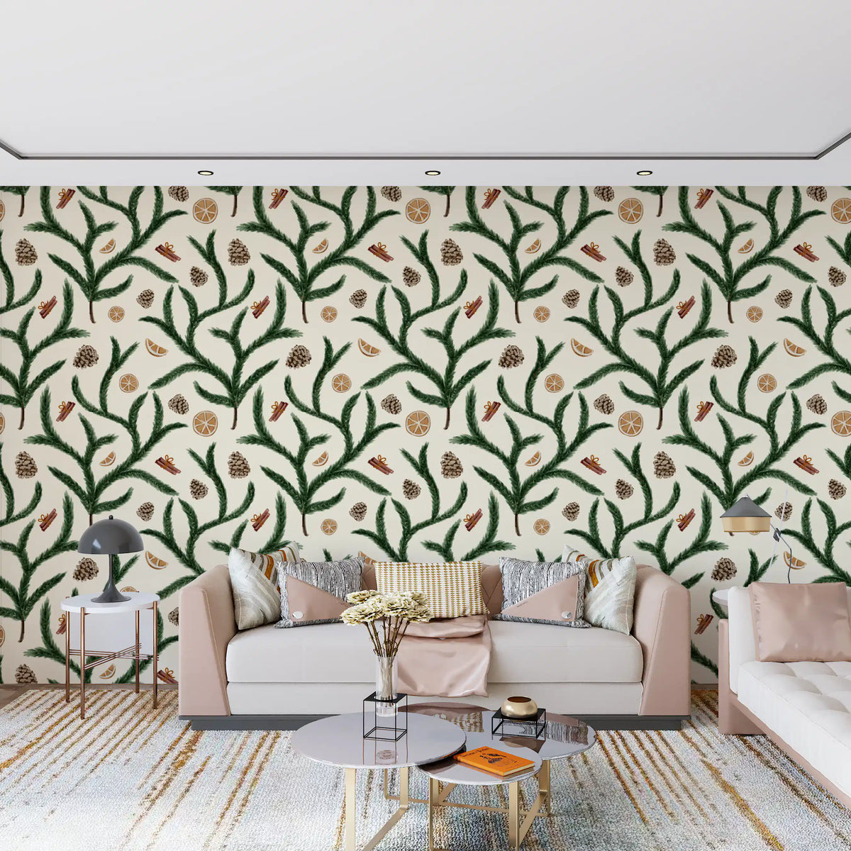 Watercolor Pine Branches with Oranges Cinnamon and Pine Cones Wallpaper⁠
