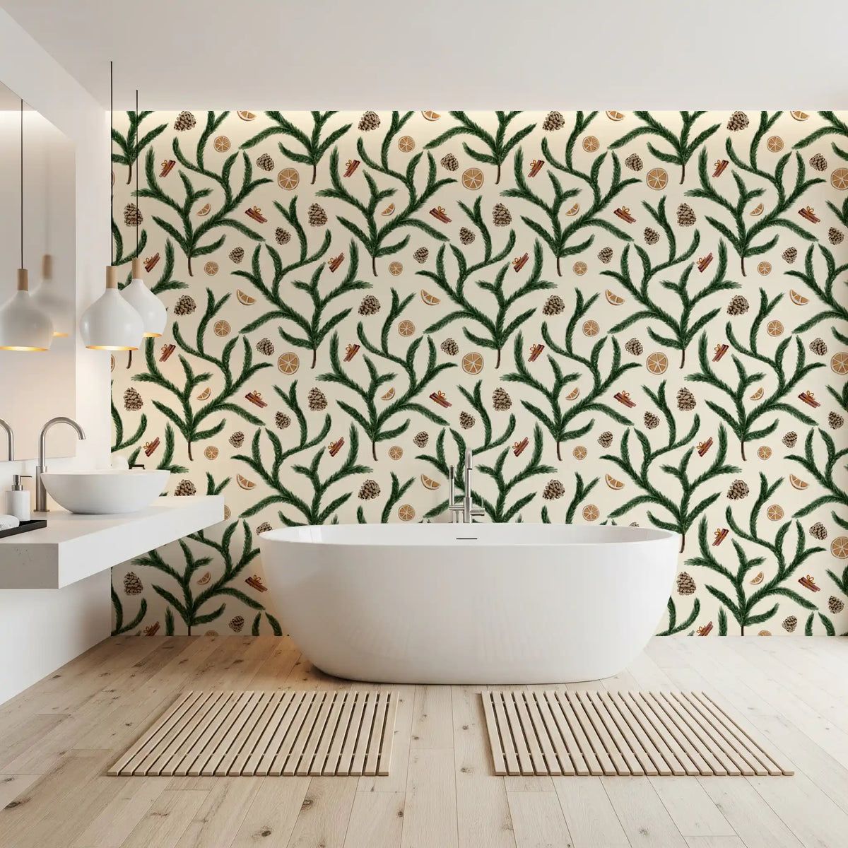 Watercolor Pine Branches with Oranges Cinnamon and Pine Cones Wallpaper⁠
