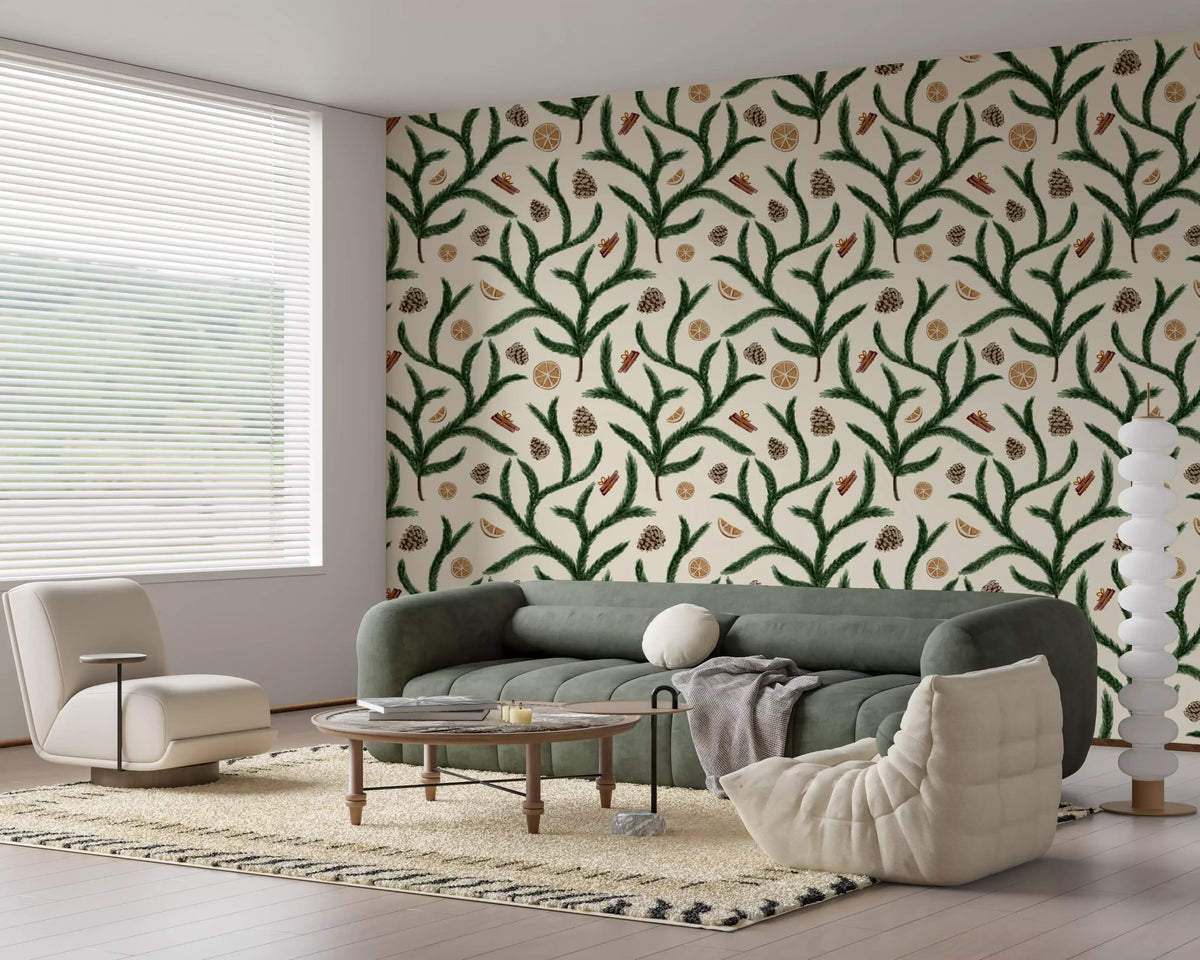 Watercolor Pine Branches with Oranges Cinnamon and Pine Cones Wallpaper⁠