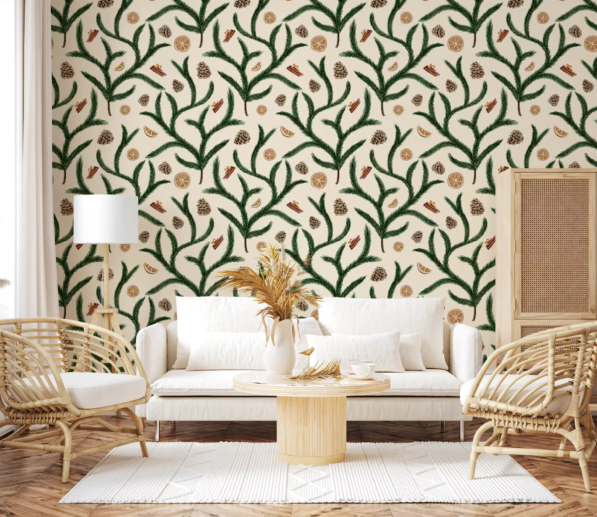 Watercolor Pine Branches with Oranges Cinnamon and Pine Cones Wallpaper⁠
