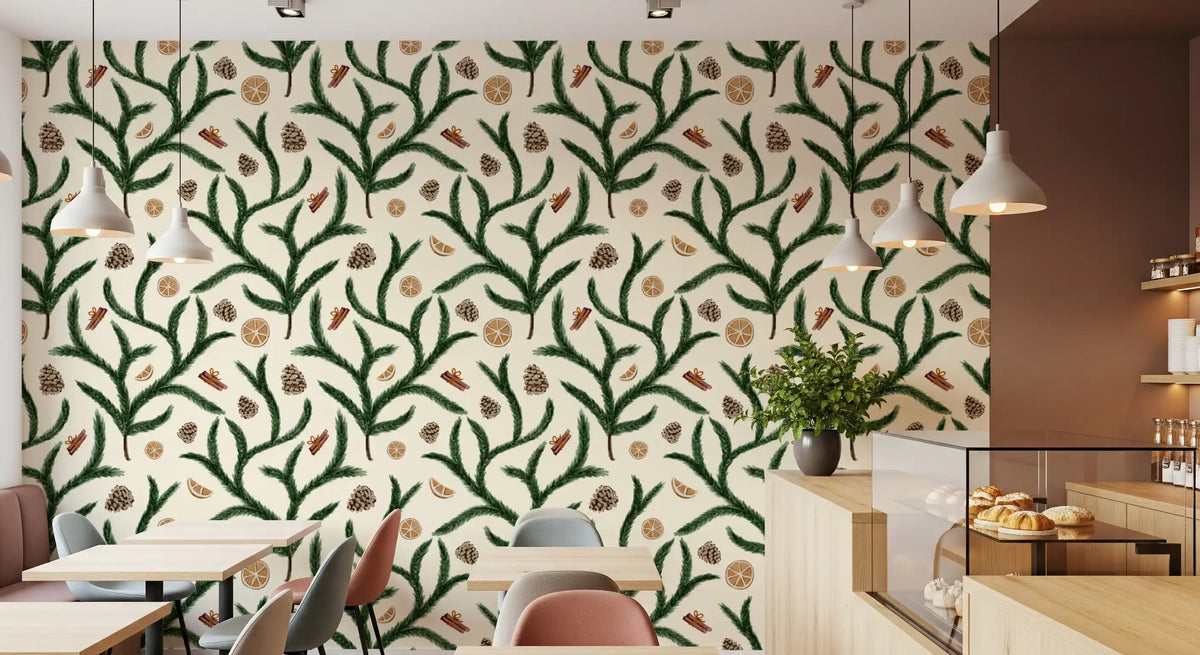 Watercolor Pine Branches with Oranges Cinnamon and Pine Cones Wallpaper⁠