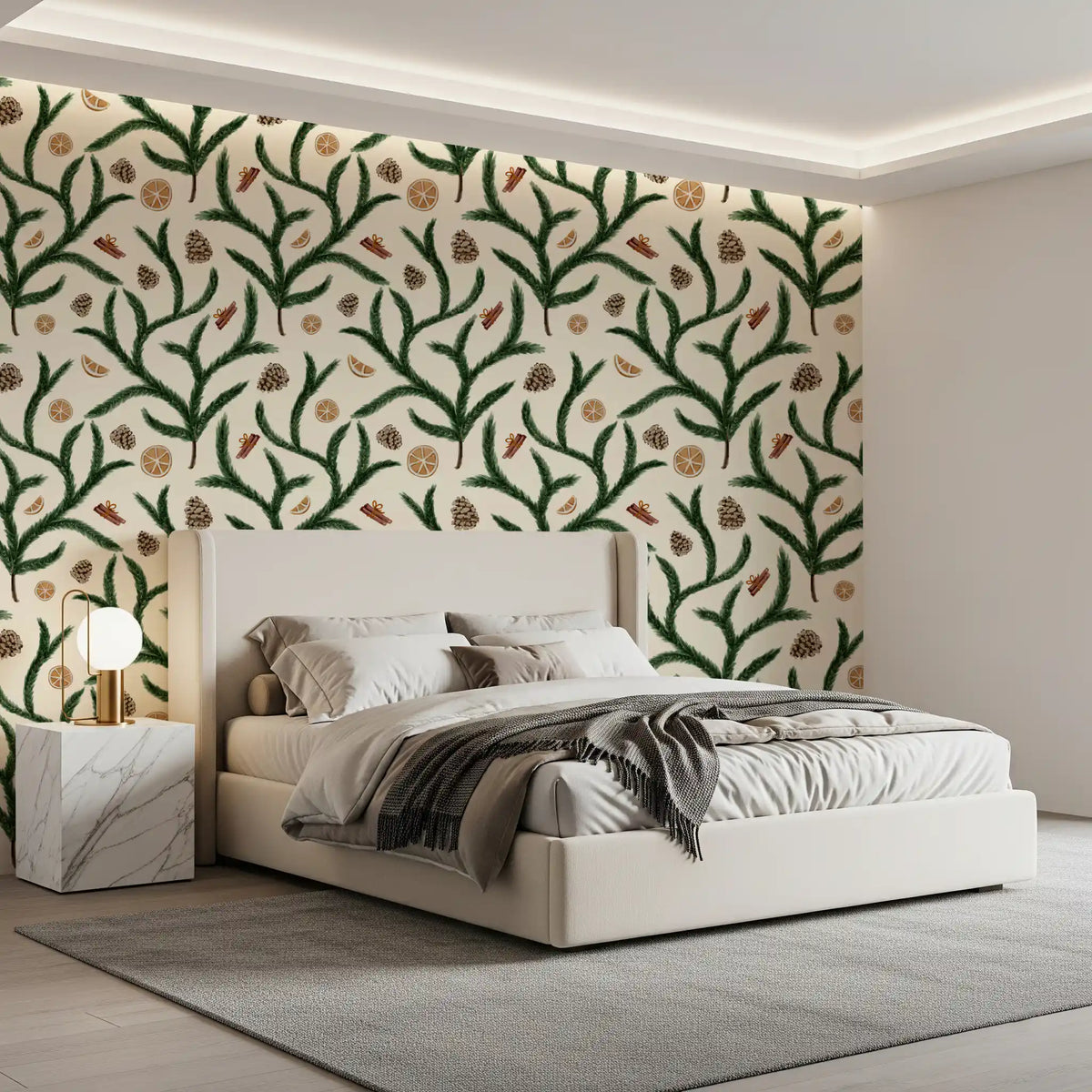 Watercolor Pine Branches with Oranges Cinnamon and Pine Cones Wallpaper⁠