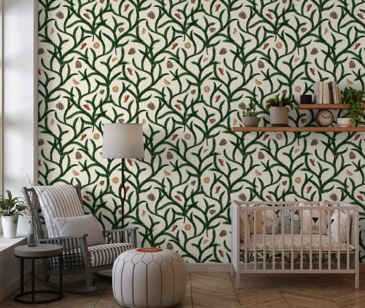 Watercolor Trellis Pine Branches with Oranges Cinnamon & Pine Cones Wallpaper⁠