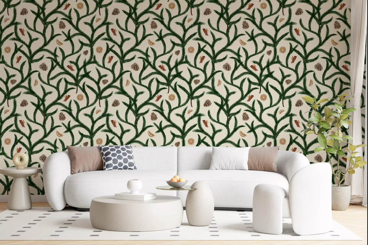 Watercolor Trellis Pine Branches with Oranges Cinnamon & Pine Cones Wallpaper⁠