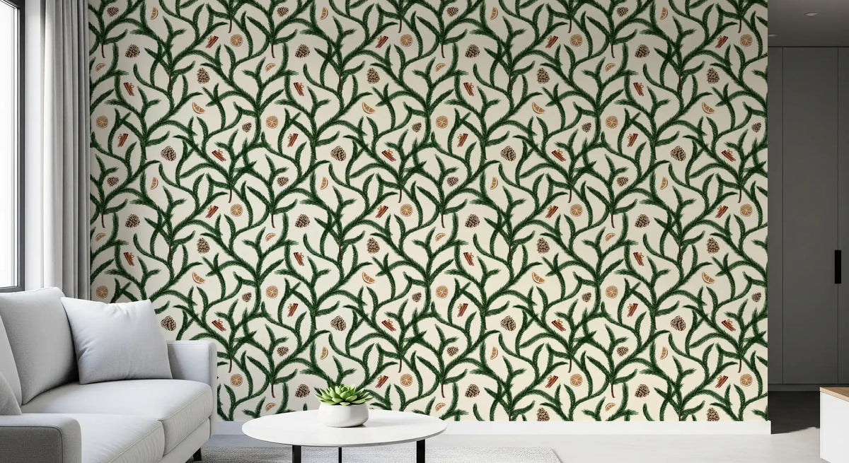 Watercolor Trellis Pine Branches with Oranges Cinnamon & Pine Cones Wallpaper⁠