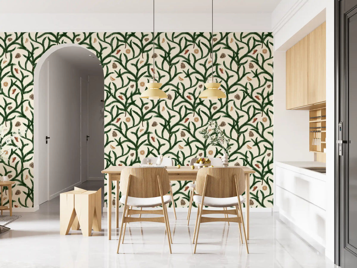 Watercolor Trellis Pine Branches with Oranges Cinnamon & Pine Cones Wallpaper⁠