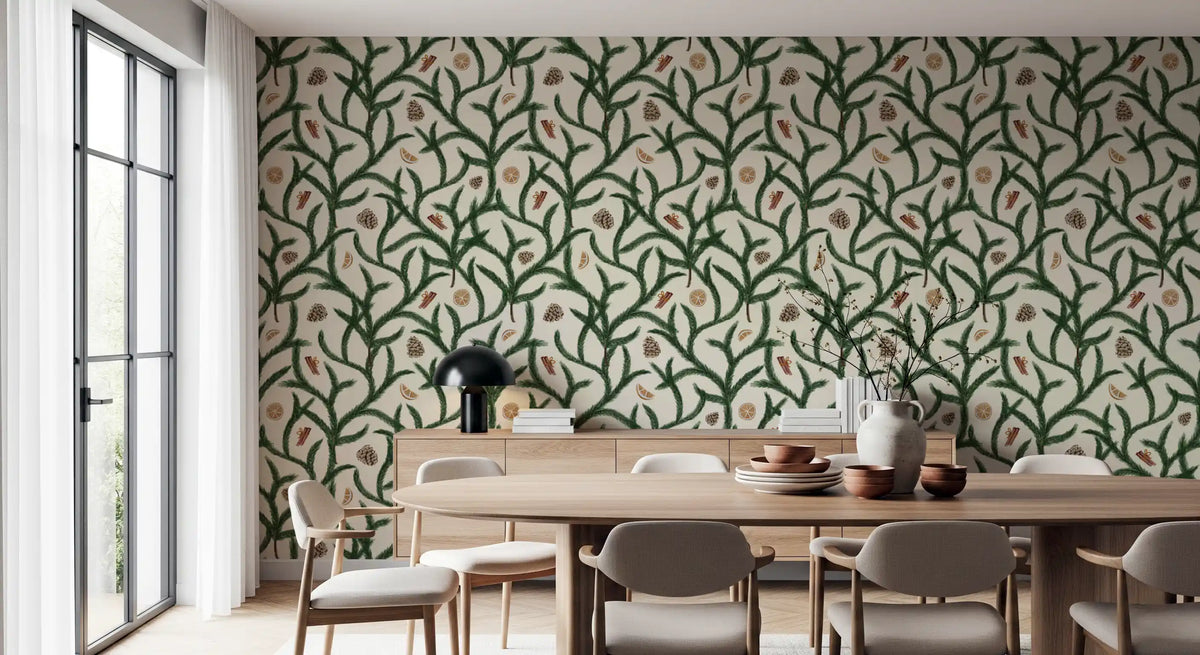 Watercolor Trellis Pine Branches with Oranges Cinnamon & Pine Cones Wallpaper⁠