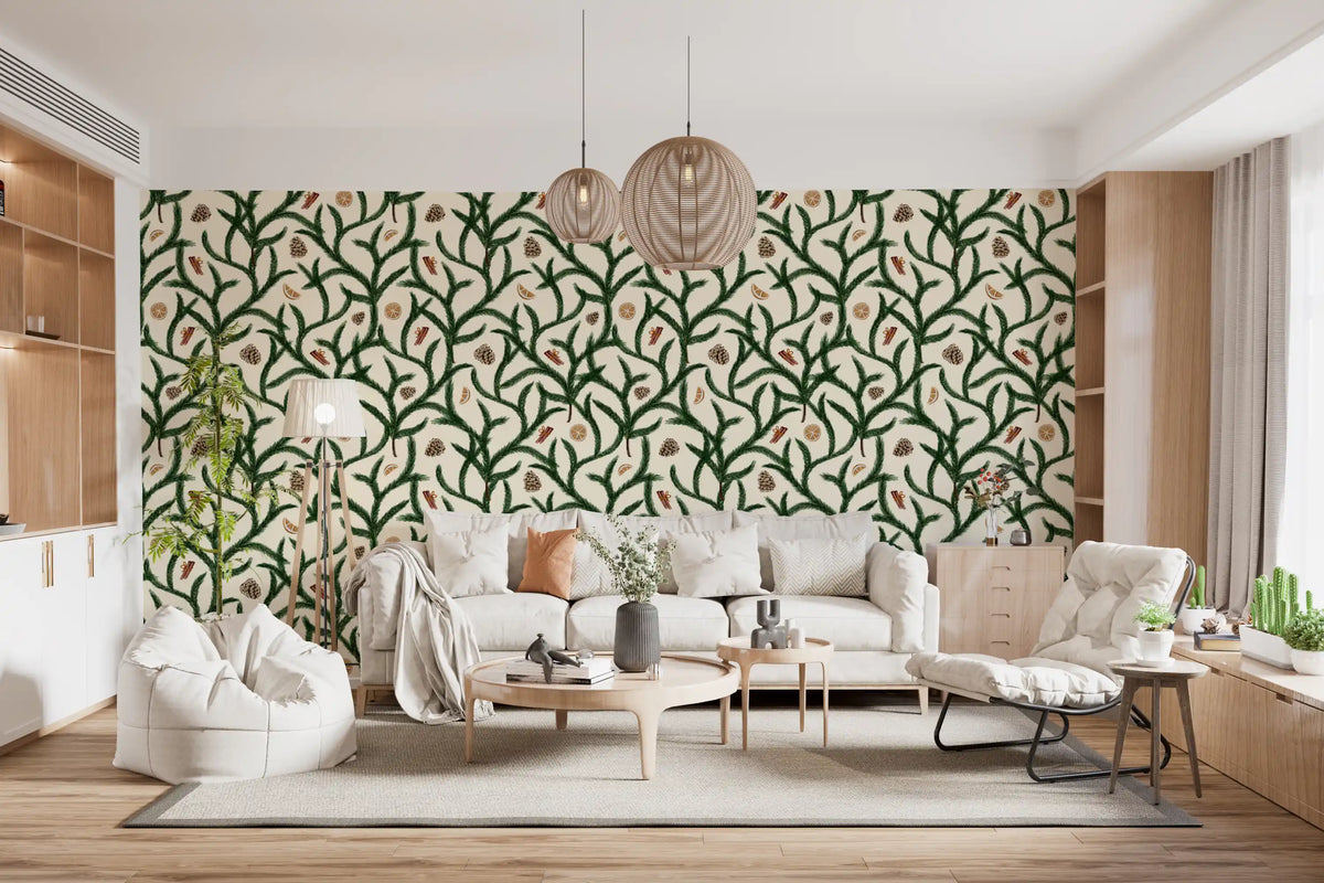 Watercolor Trellis Pine Branches with Oranges Cinnamon & Pine Cones Wallpaper⁠