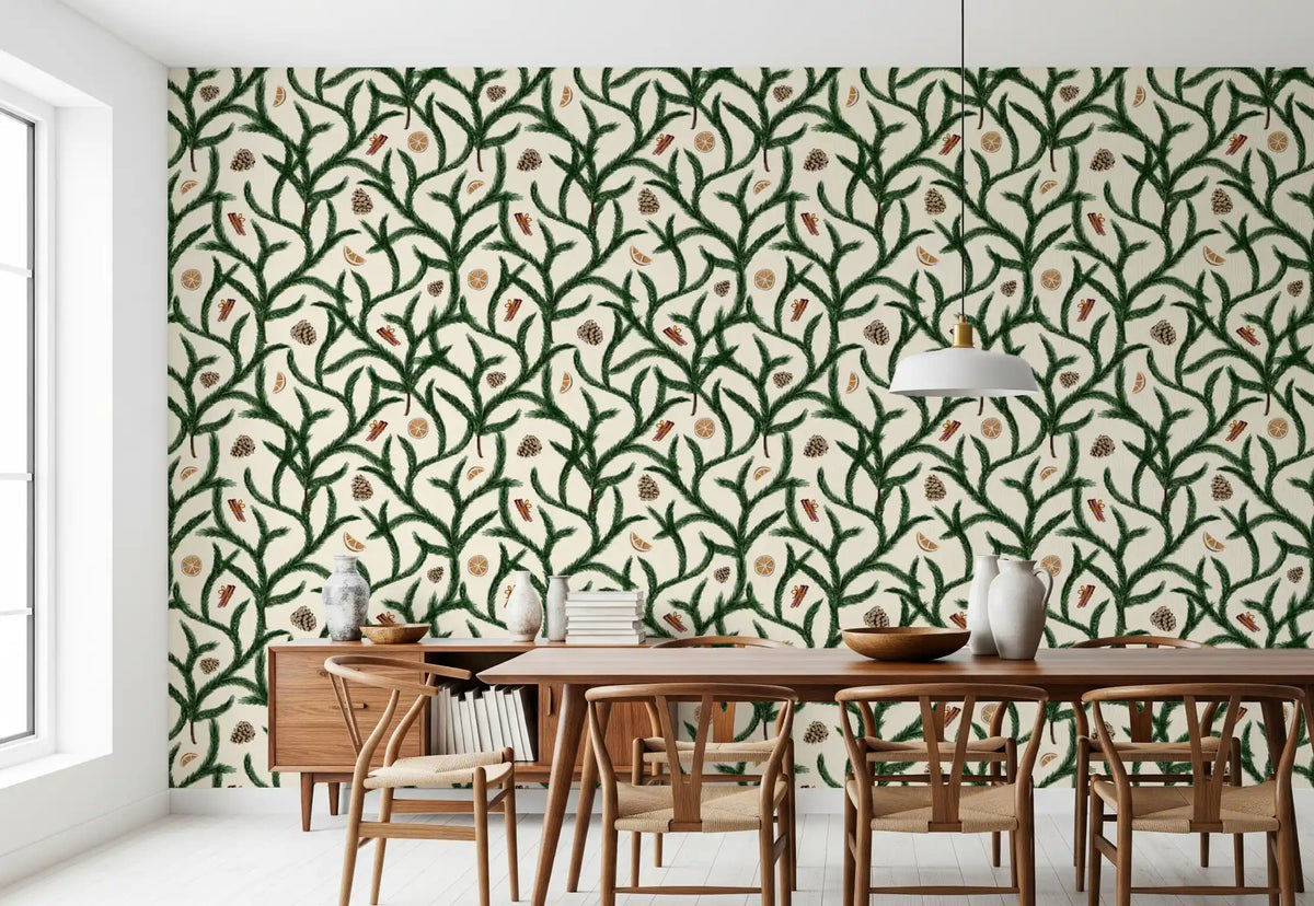 Watercolor Trellis Pine Branches with Oranges Cinnamon & Pine Cones Wallpaper⁠